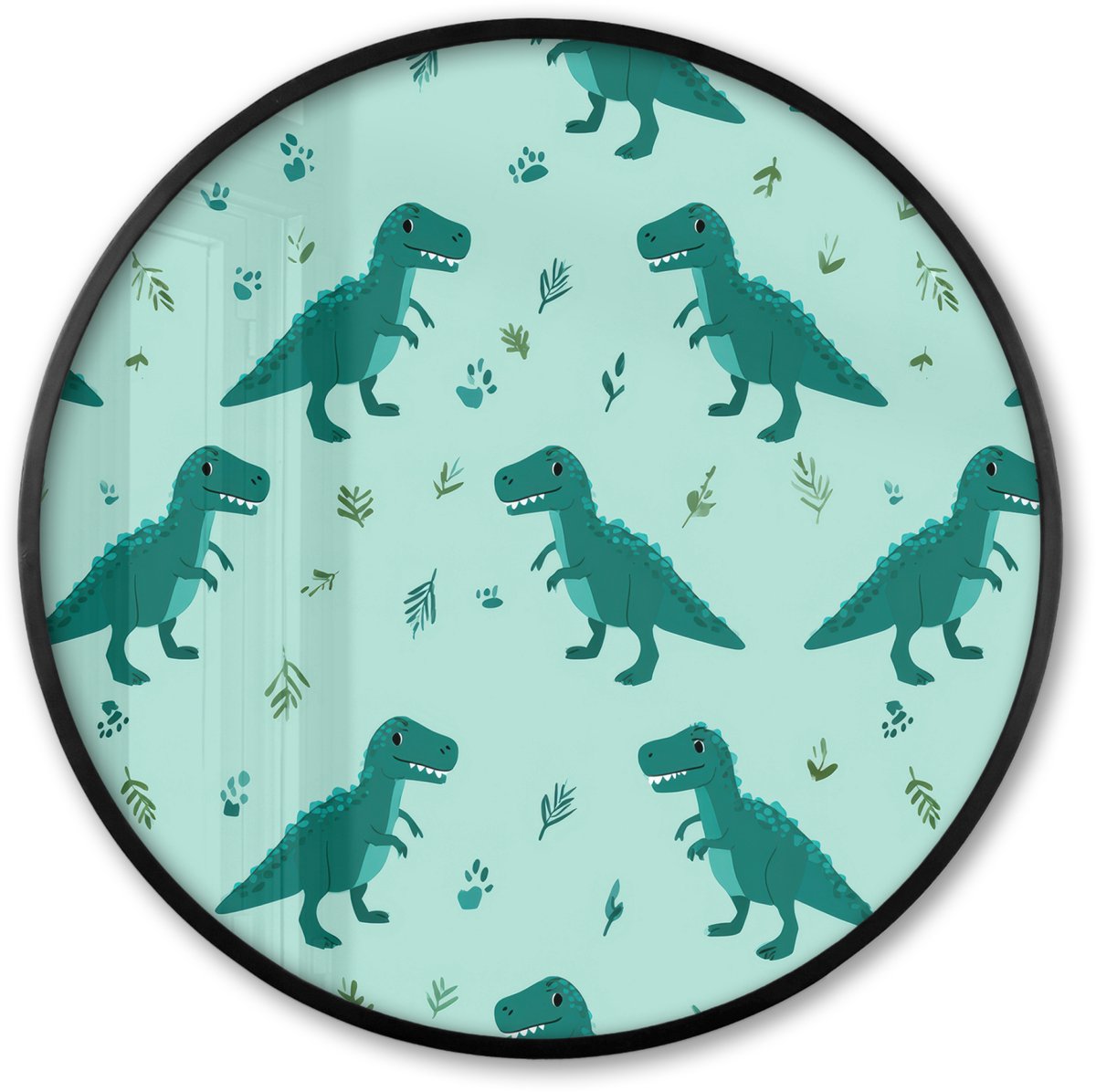 FrameYourWall Poster in lijst Rond - Fotolijst 80x80 cm - Posters - Donkergroen - Dinosaurussen - Afdrukken - Bladeren - Ronde posterlijst zwart - Decoratie - Wanddecoratie woonkamer - Muurdecoratie slaapkamer Dinosaurussen - Bladeren