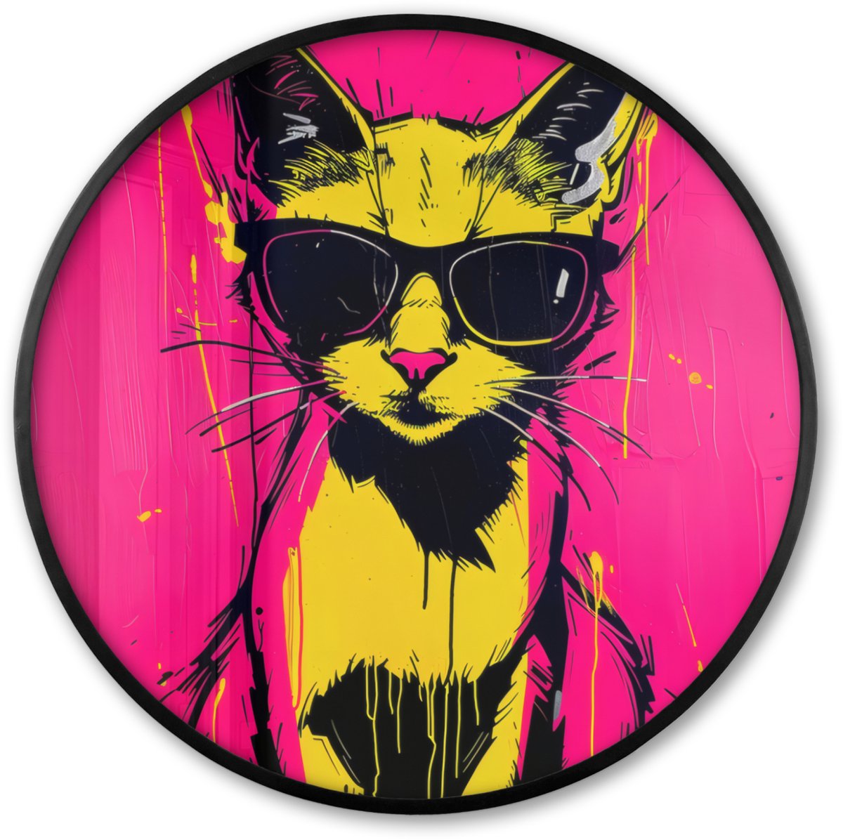 FrameYourWall Poster in lijst Rond - Fotolijst 60x60 cm - Posters - Kat - Art - Zonnebril - Roze - Ronde posterlijst zwart - Decoratie - Wanddecoratie woonkamer - Muurdecoratie slaapkamer Kat - Zonnebril