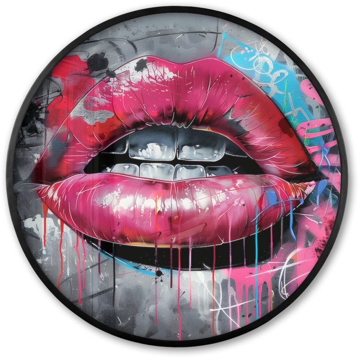 FrameYourWall Poster in lijst Rond - Fotolijst 60x60 cm - Posters - Lippen - Felroze - Graffiti - Verfstrepen - Ronde posterlijst zwart - Decoratie - Wanddecoratie woonkamer - Muurdecoratie slaapkamer Lippen - Graffiti