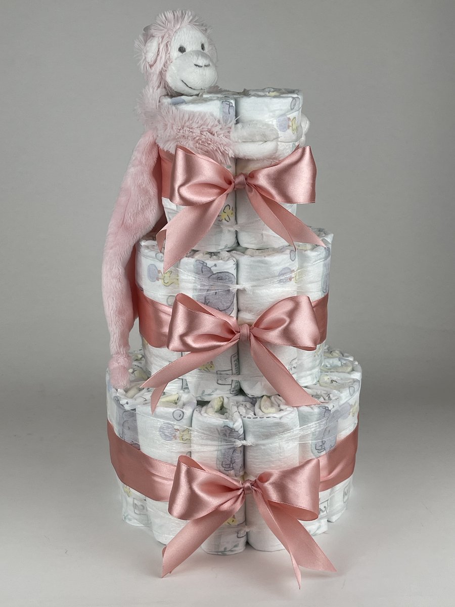 Chouette-Chouette | Luiertaart Meisje | Kraamcadeau | Geboorte Meisje | Babyshower | Tuttle Aap Mickey Pink - donker Poeder Roze