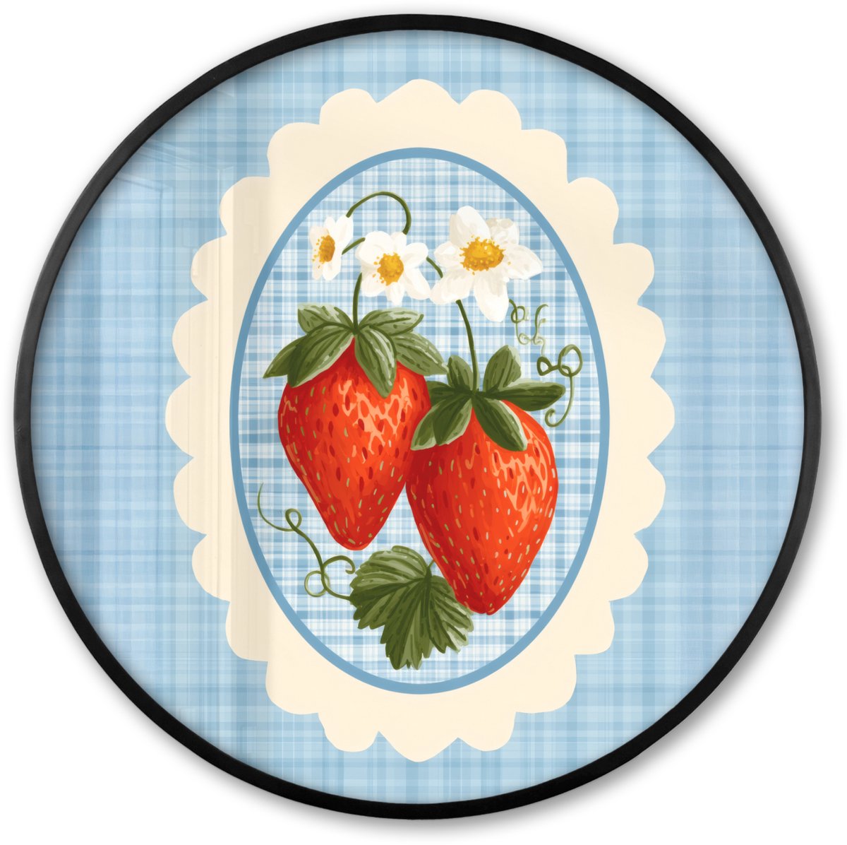 FrameYourWall Poster in lijst Rond - Fotolijst 60x60 cm - Posters - Aardbeien - Lijst - Rood - Geruit - Ronde posterlijst zwart - Decoratie - Wanddecoratie woonkamer - Muurdecoratie slaapkamer