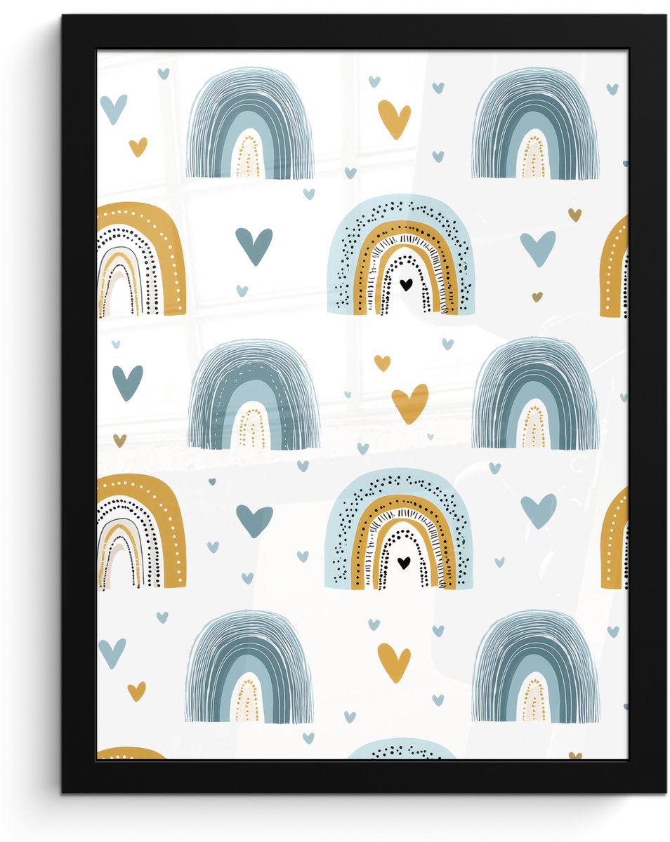 FrameYourWall Poster in lijst - Fotolijst 30x40 cm - Posters - Patroon - Regenboog - Hartjes - Posterlijst zwart - Decoratie - Wanddecoratie woonkamer - Muurdecoratie slaapkamer Multicolor
