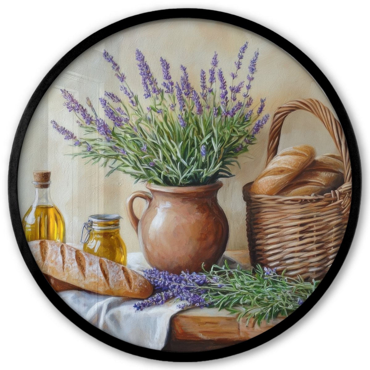 FrameYourWall Poster in lijst Rond - Fotolijst 40x40 cm - Posters - Lavendel - Brood - Stilleven - Ronde posterlijst zwart - Decoratie - Wanddecoratie woonkamer - Muurdecoratie slaapkamer Lavendel - Stilleven