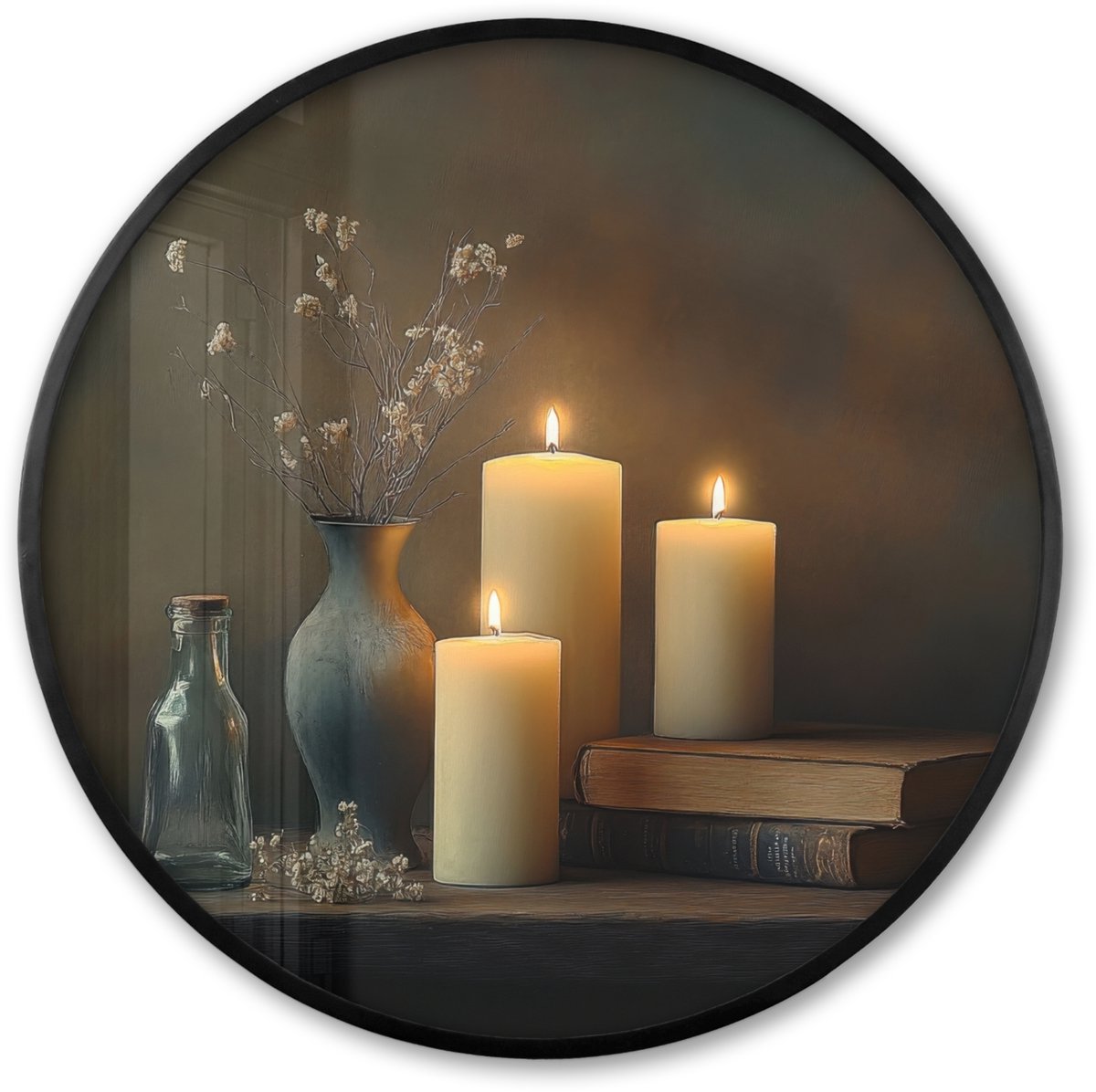 FrameYourWall Poster in lijst Rond - Fotolijst 80x80 cm - Posters - Kaarsen - Stilleven - Rustiek - Boeken - Ronde posterlijst zwart - Decoratie - Wanddecoratie woonkamer - Muurdecoratie slaapkamer
