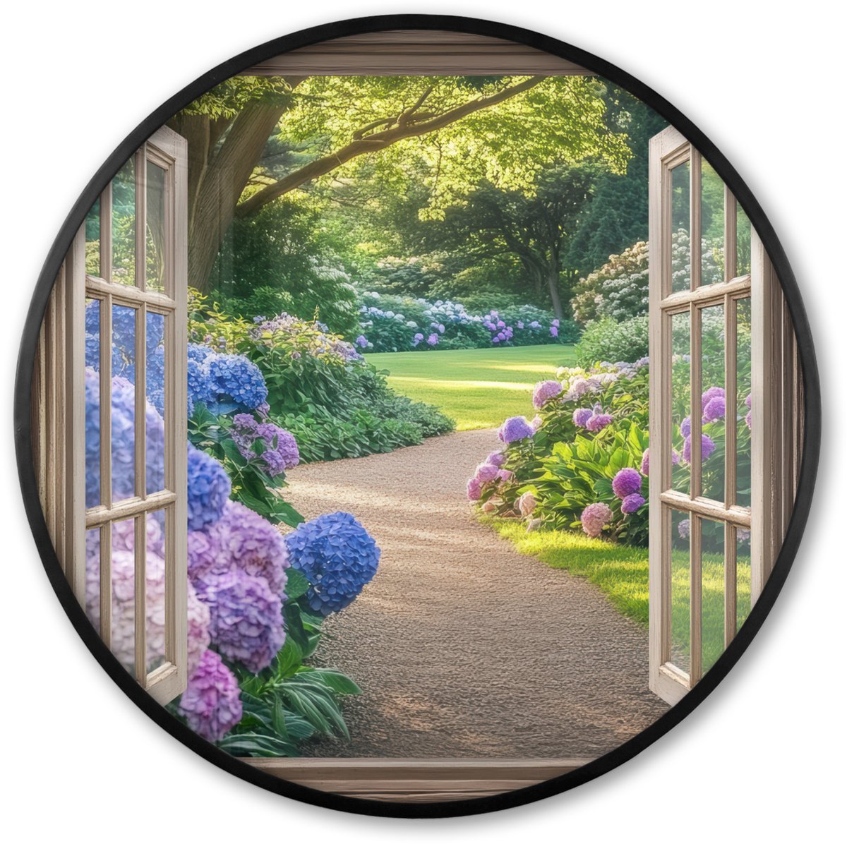 FrameYourWall Poster in lijst Rond - Fotolijst 60x60 cm - Posters - Doorkijk - Tuin - Raam - Hortensia - Bloemen - Ronde posterlijst zwart - Decoratie - Wanddecoratie woonkamer - Muurdecoratie slaapkamer Hortensia - Tuin