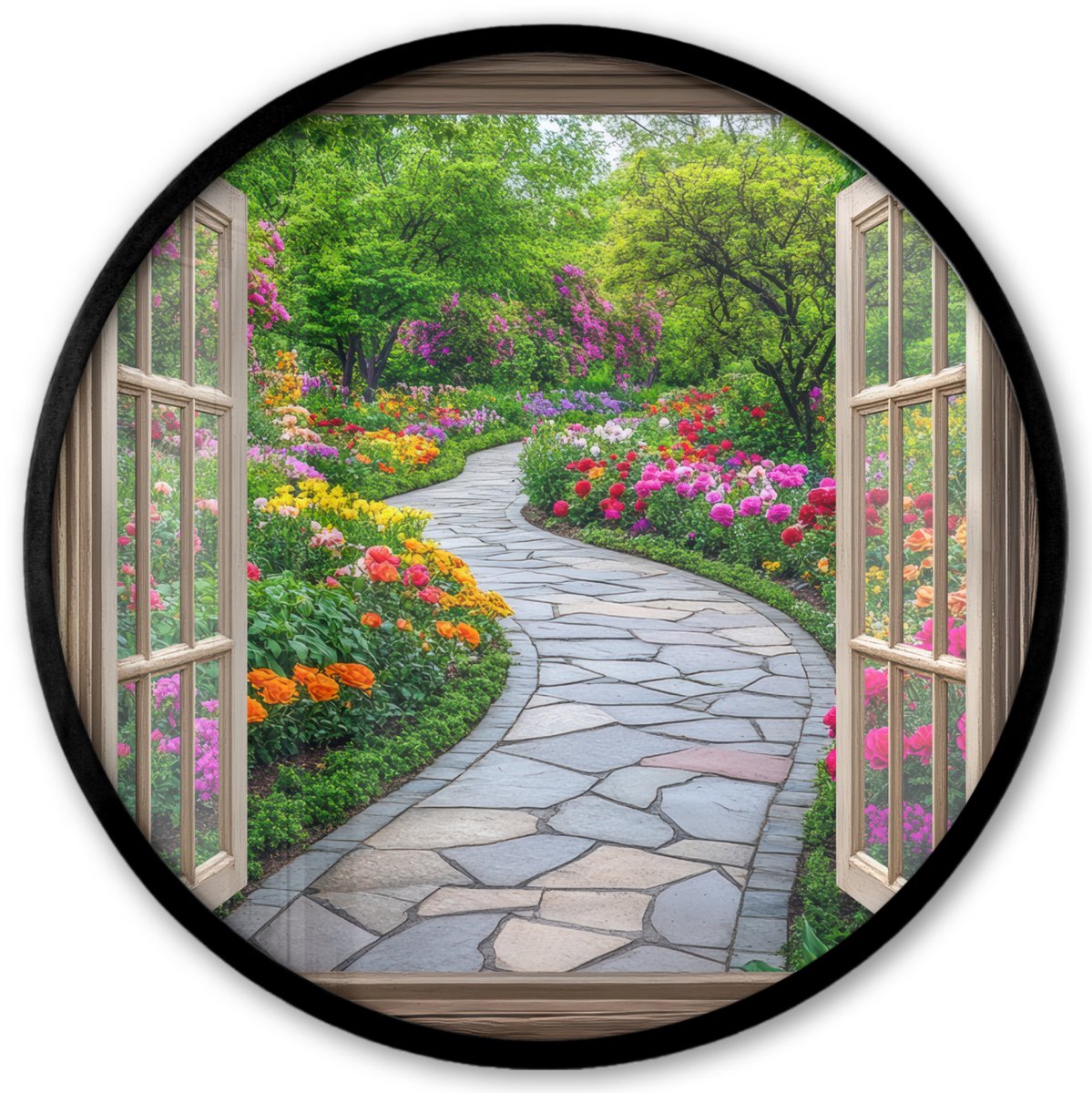 FrameYourWall Poster in lijst Rond - Fotolijst 40x40 cm - Posters - Doorkijk - Bloemen - Tuinpad - Natuur - Raam - Ronde posterlijst zwart - Decoratie - Wanddecoratie woonkamer - Muurdecoratie slaapkamer