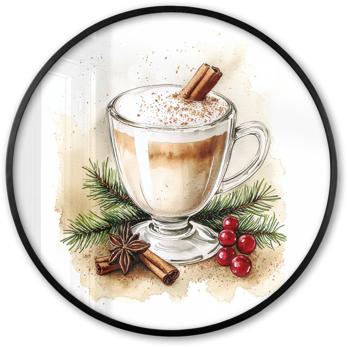 FrameYourWall Poster in lijst Rond - Fotolijst 60x60 cm - Posters - Winter - Koffie - Warm - Decoratie - Ronde posterlijst zwart - Decoratie - Wanddecoratie woonkamer - Muurdecoratie slaapkamer