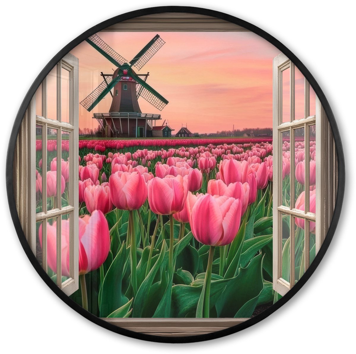 FrameYourWall Poster in lijst Rond - Fotolijst 60x60 cm - Posters - Doorkijk - Tulpen - Bloemen - Molen - Raam - Ronde posterlijst zwart - Decoratie - Wanddecoratie woonkamer - Muurdecoratie slaapkamer