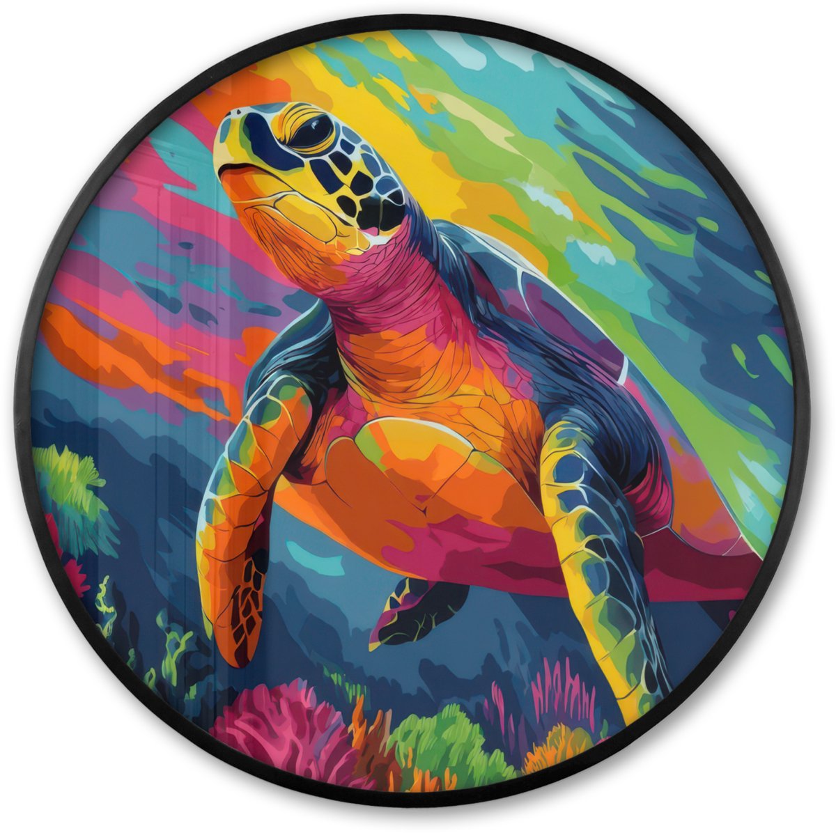 FrameYourWall Poster in lijst Rond - Fotolijst 80x80 cm - Posters - Koraal - Schildpad - Abstract - Water - Ronde posterlijst zwart - Decoratie - Wanddecoratie woonkamer - Muurdecoratie slaapkamer Schildpad - Kleurrijk