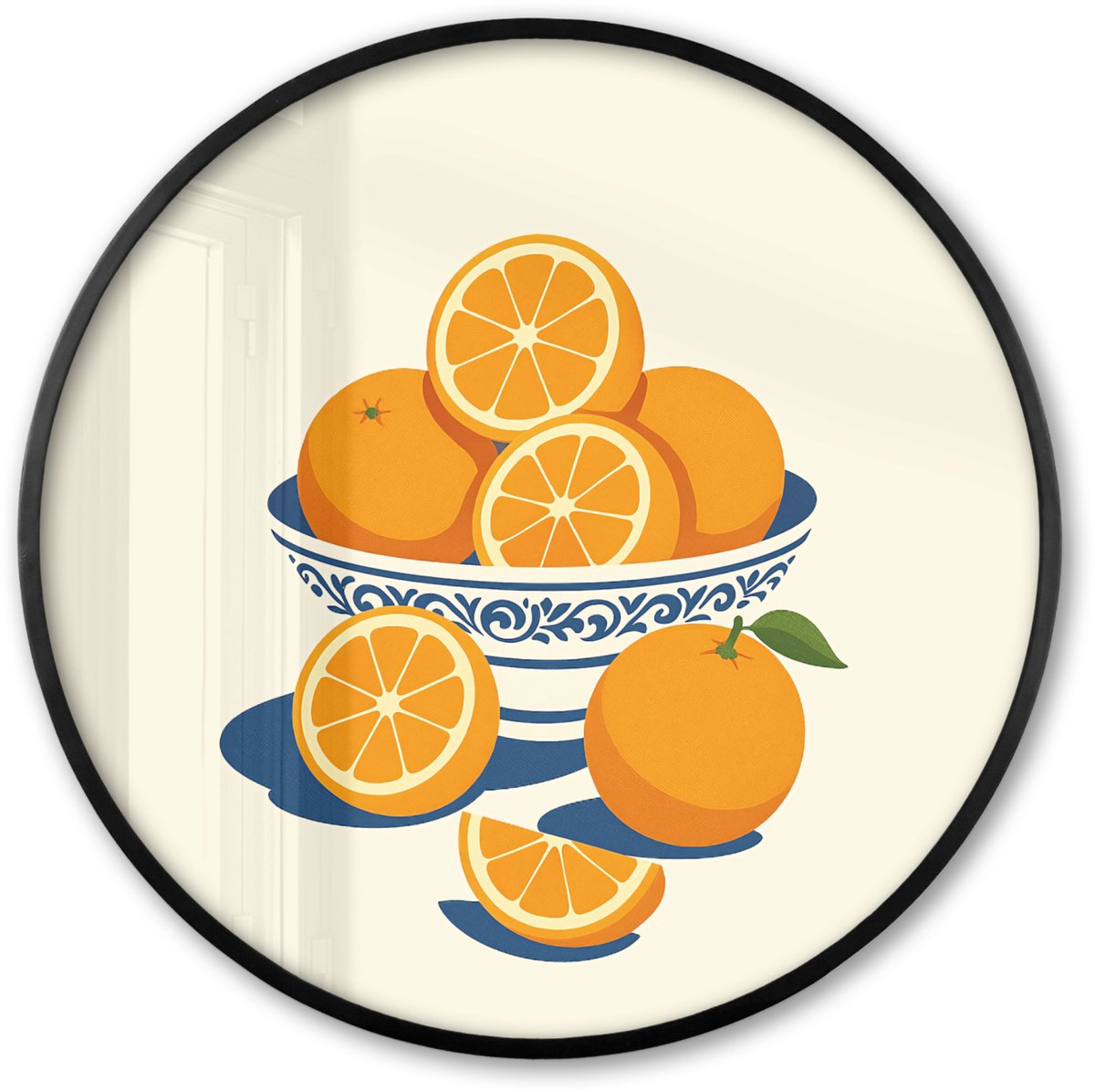 FrameYourWall Poster in lijst Rond - Fotolijst 80x80 cm - Posters - Schaal - Minimalistisch - Oranje - Sinaasappels - Ronde posterlijst zwart - Decoratie - Wanddecoratie woonkamer - Muurdecoratie slaapkamer