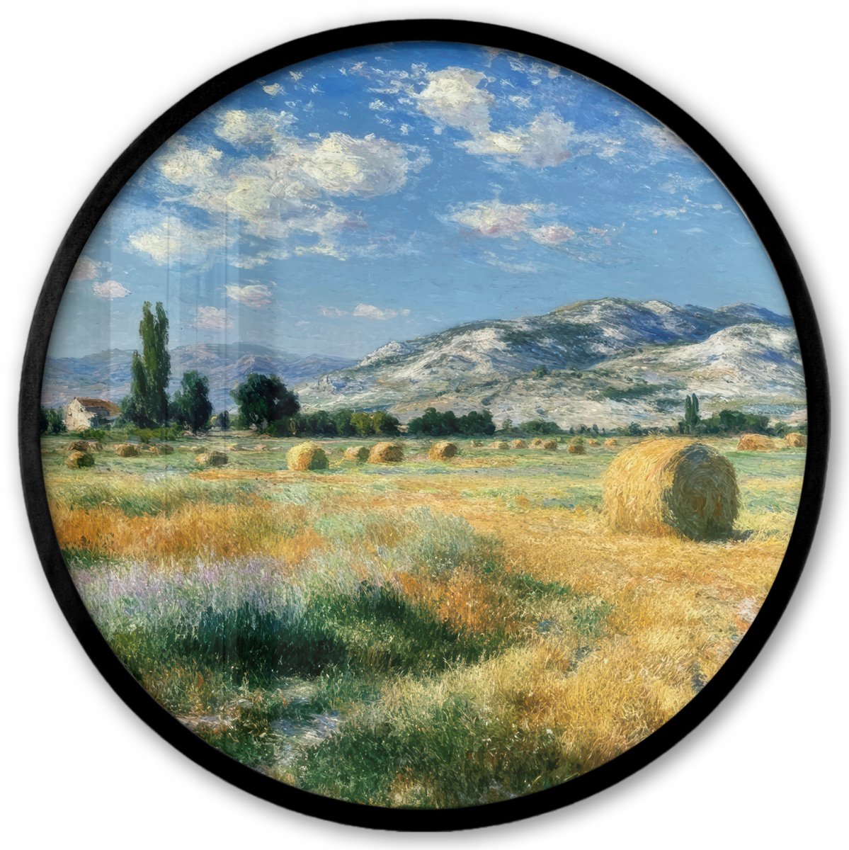 FrameYourWall Poster in lijst Rond - Fotolijst 40x40 cm - Posters - Landschap - Strobalen - Bergen - Wolken - Ronde posterlijst zwart - Decoratie - Wanddecoratie woonkamer - Muurdecoratie slaapkamer