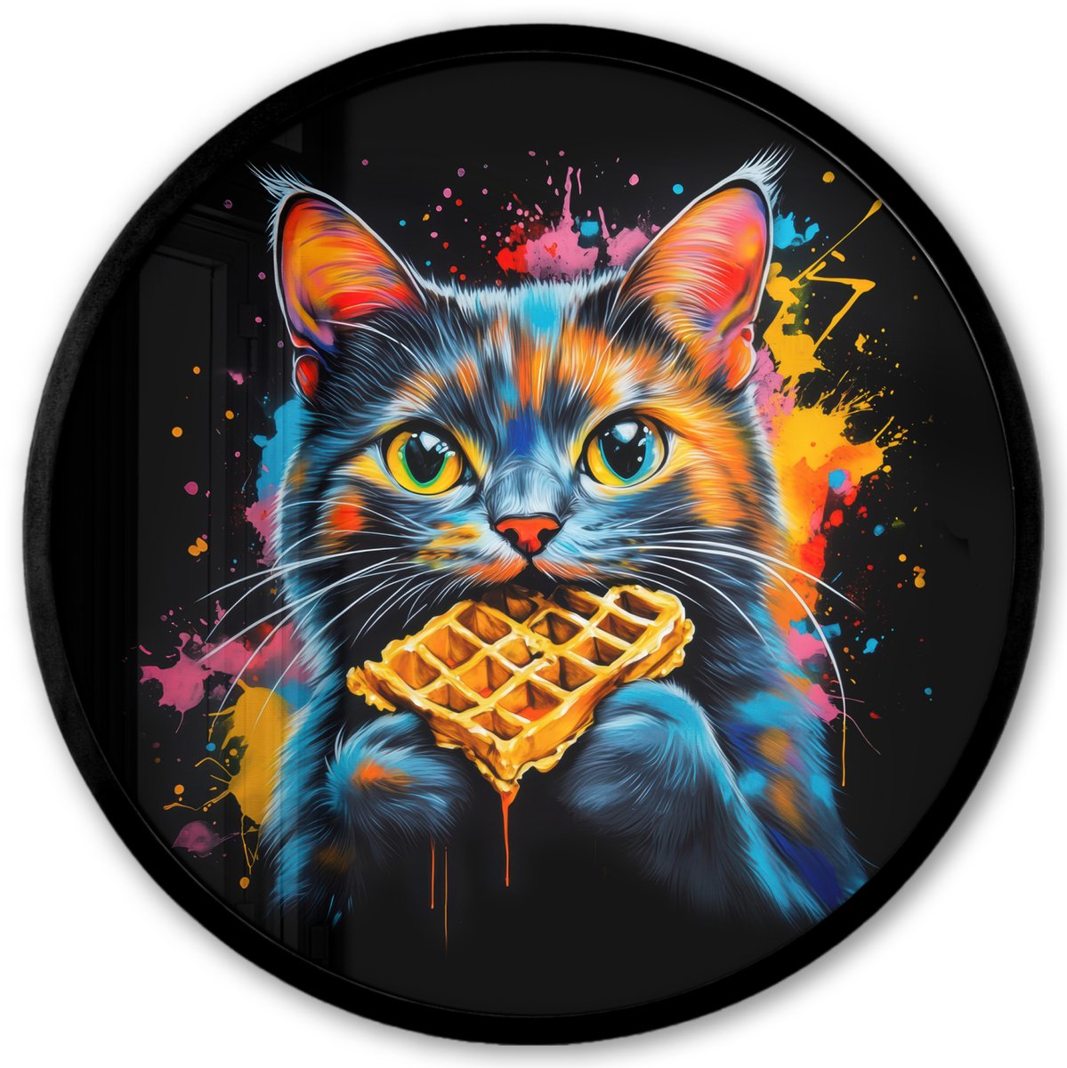 FrameYourWall Poster in lijst Rond - Fotolijst 40x40 cm - Posters - Kat - Graffiti - Kleurrijk - Wafel - Eten - Ronde posterlijst zwart - Decoratie - Wanddecoratie woonkamer - Muurdecoratie slaapkamer Graffiti - Kat - Wafel