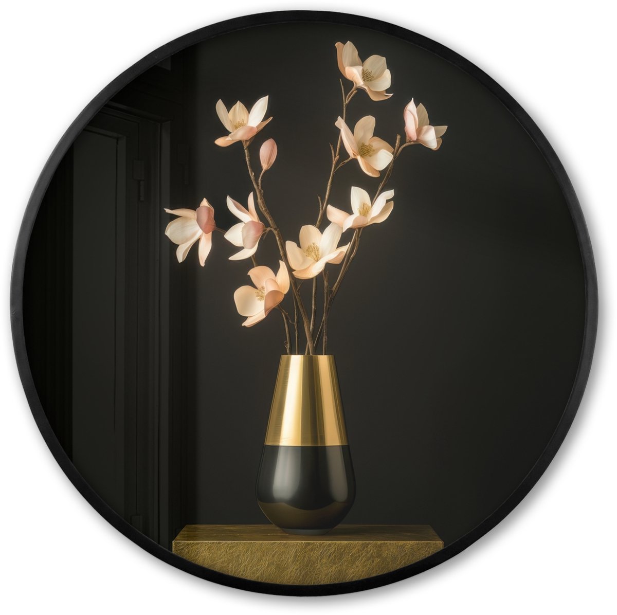 FrameYourWall Poster in lijst Rond - Fotolijst 80x80 cm - Posters - Sierlijk - Boeket - Goud - Vaas - Ronde posterlijst zwart - Decoratie - Wanddecoratie woonkamer - Muurdecoratie slaapkamer