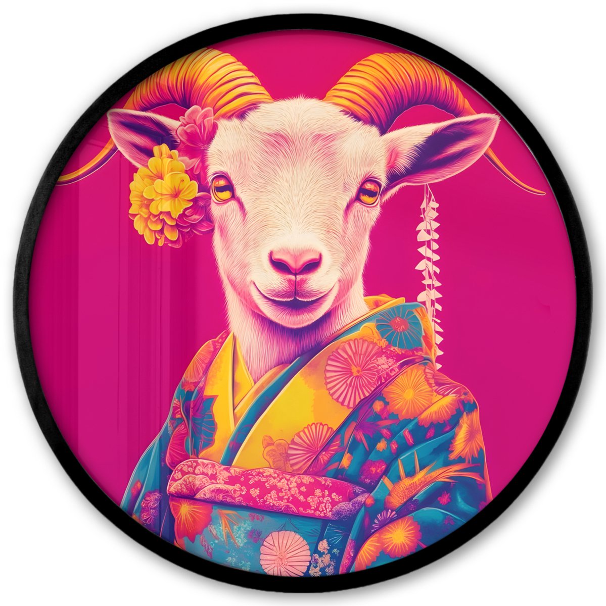 FrameYourWall Poster in lijst Rond - Fotolijst 40x40 cm - Posters - Geit - Hoorns - Kimono - Kleurrijk - Ronde posterlijst zwart - Decoratie - Wanddecoratie woonkamer - Muurdecoratie slaapkamer