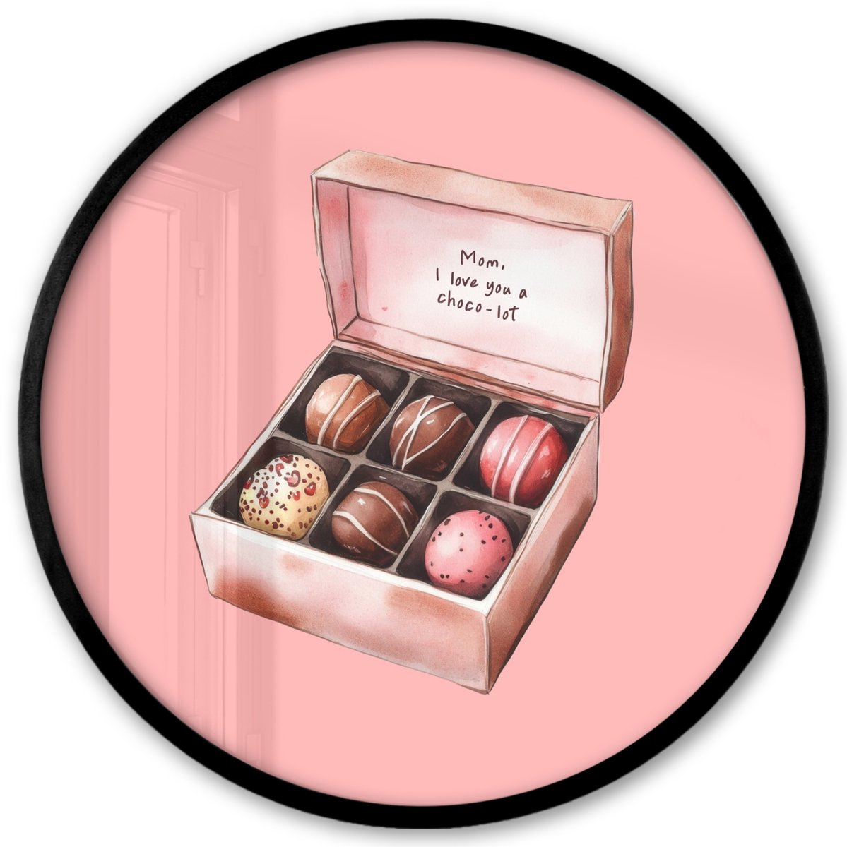 FrameYourWall Poster in lijst Rond - Fotolijst 40x40 cm - Posters - Doosje - Bonbons - Liefdevolle - Tekst - Ronde posterlijst zwart - Decoratie - Wanddecoratie woonkamer - Muurdecoratie slaapkamer Bonbons - Doosje - Tekst