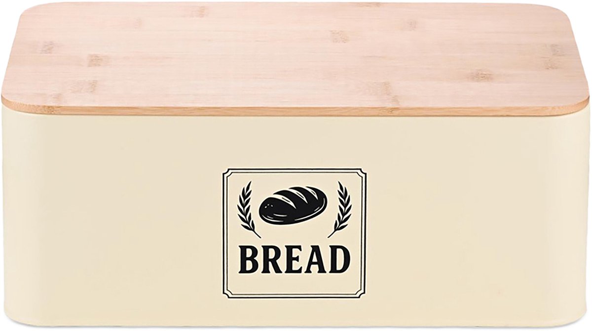 Broodtrommel aanrecht - 13,5 x 33 x 19 cm - metaal - bamboe deksel - beige