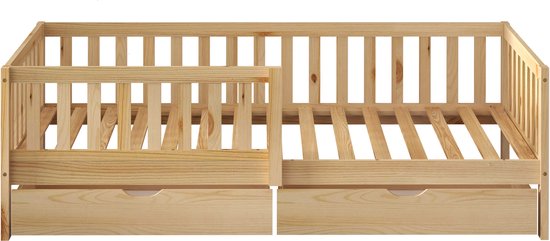 Houten ledikant met spijlen en twee gesloten lades.