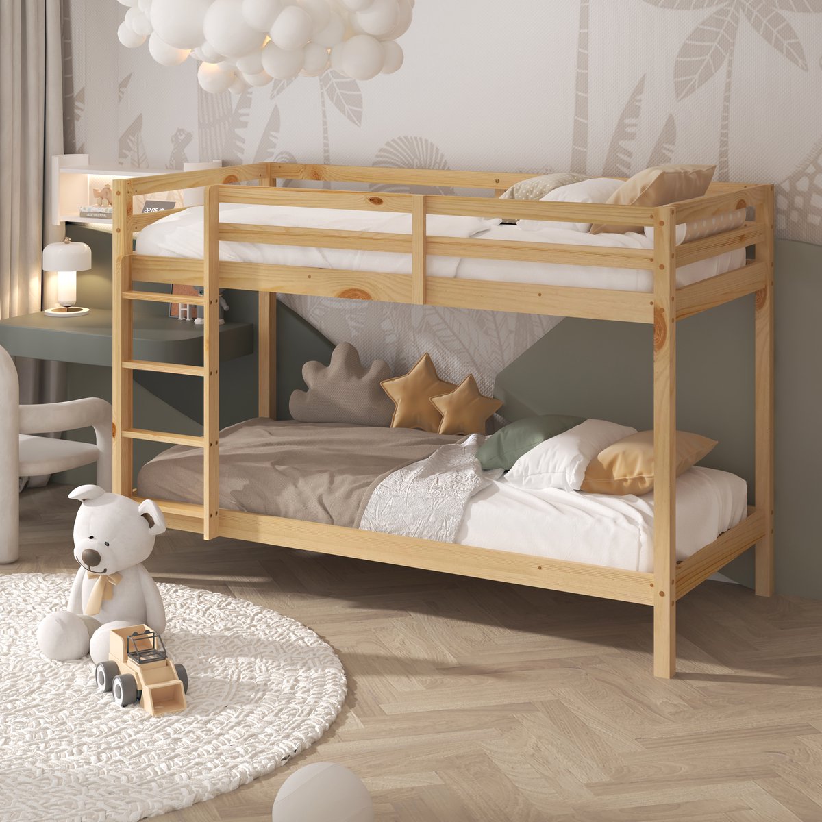 Sunny Jip Stapelbed – Met 2 Slaapplekken – Met Uitvalbeveiliging en rechte ladder - 208 x 97 x 140 cm – Peuterbed Meisjes en Jongens – FSC 100% Hout – Met Lattenbodems – Kinderstapelbed - Exclusief Matrassen – Naturel