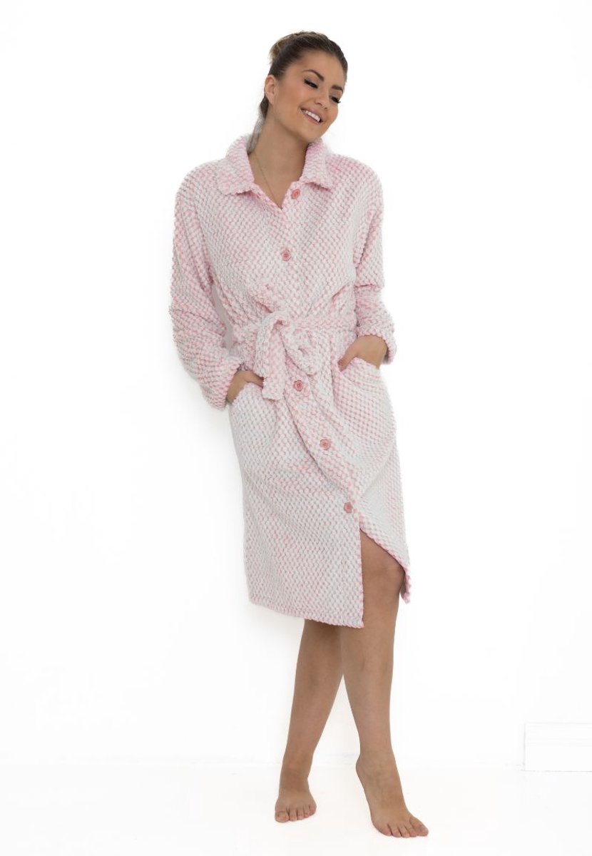 Badjas met knopen – dames badjas fleece – met knoopsluiting – zacht & warm - lichtroze - maat XXL