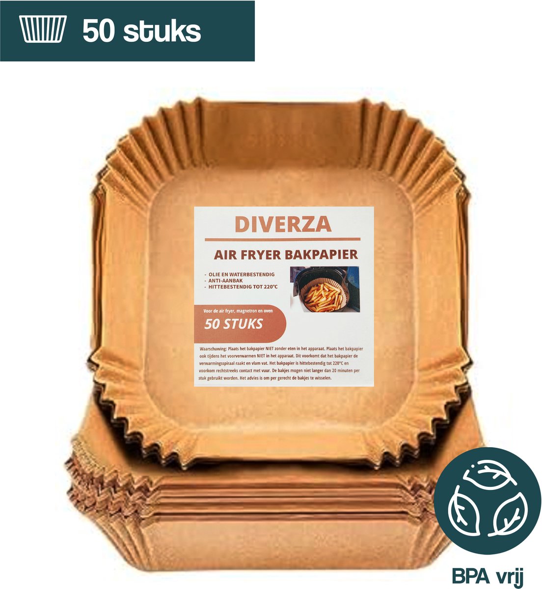 DIVERZA Airfryer bakpapier 50 stuks – 16 cm – Heteluchtfriteuse Wegwerpbakjes – Geschikt voor Airfryer – Wegwerppapier – Vierkant – Airfryer accessoires — afbeelding 1