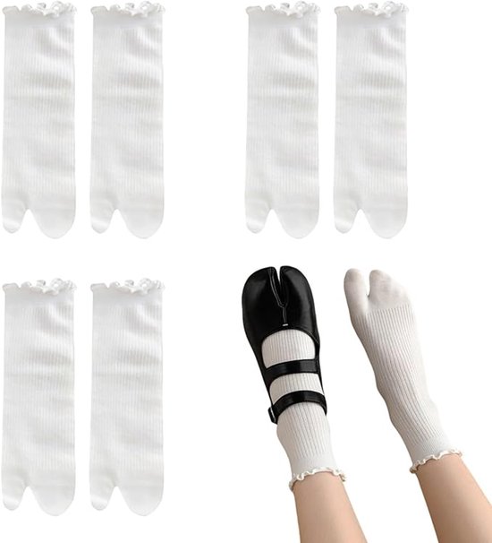 Chaussons pour femmes - Chaussettes à deux orteils - 3 paires de chaussettes japonaises en coton Tabi - Chaussettes spécialisées à volants et design extensible - Volants extensibles