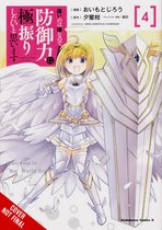 De cover van de manga 'Bofuri: I Don't Want to Get Hurt, so I'll Max Out My Defense.', deel 4. Een anime-achtig meisje met blonde staartjes, in wit pantser met gouden accenten, grote vleugels en een schild.