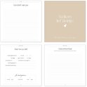 Binnenkant van een zwangerschapsdagboek met secties 'Een brief aan jou', 'Welkom lief kleintje', 'Daar ben je dan!' en 'Geboorteverhaal'.