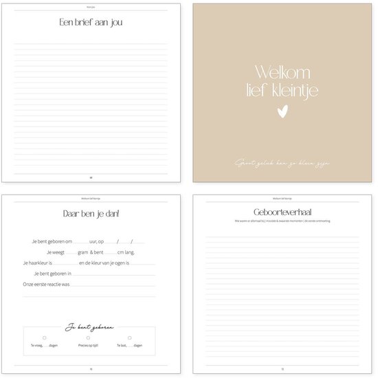 Binnenkant van een zwangerschapsdagboek met secties 'Een brief aan jou', 'Welkom lief kleintje', 'Daar ben je dan!' en 'Geboorteverhaal'.