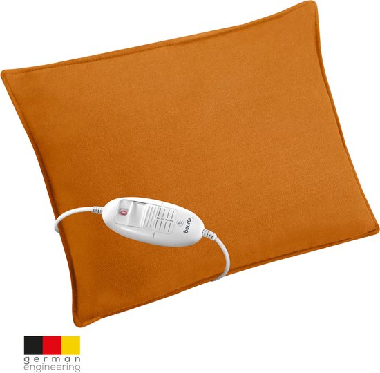 Beurer HK 48 Orange Elektrisch Warmtekussen - Heating pad - 40 x 30 cm - 3 Warmtestanden - Max. 65°C - Snelle opwarming - Automatische uitschakeling - Fleece - Machinewasbaar - 3 jaar garantie - Inclusief Oker Kussenhoes