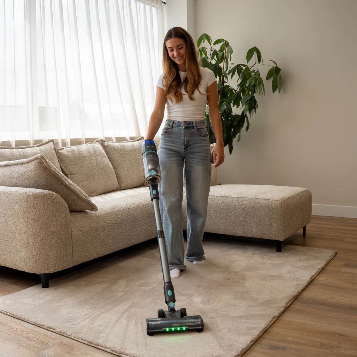 Greenote Accustofzuiger, tot 30 minuten looptijd, steelstofzuiger met LED, accustofzuiger met spleetmondstuk en zachte borstel, zelfstaande functie, voor harde vloeren en dierenharen