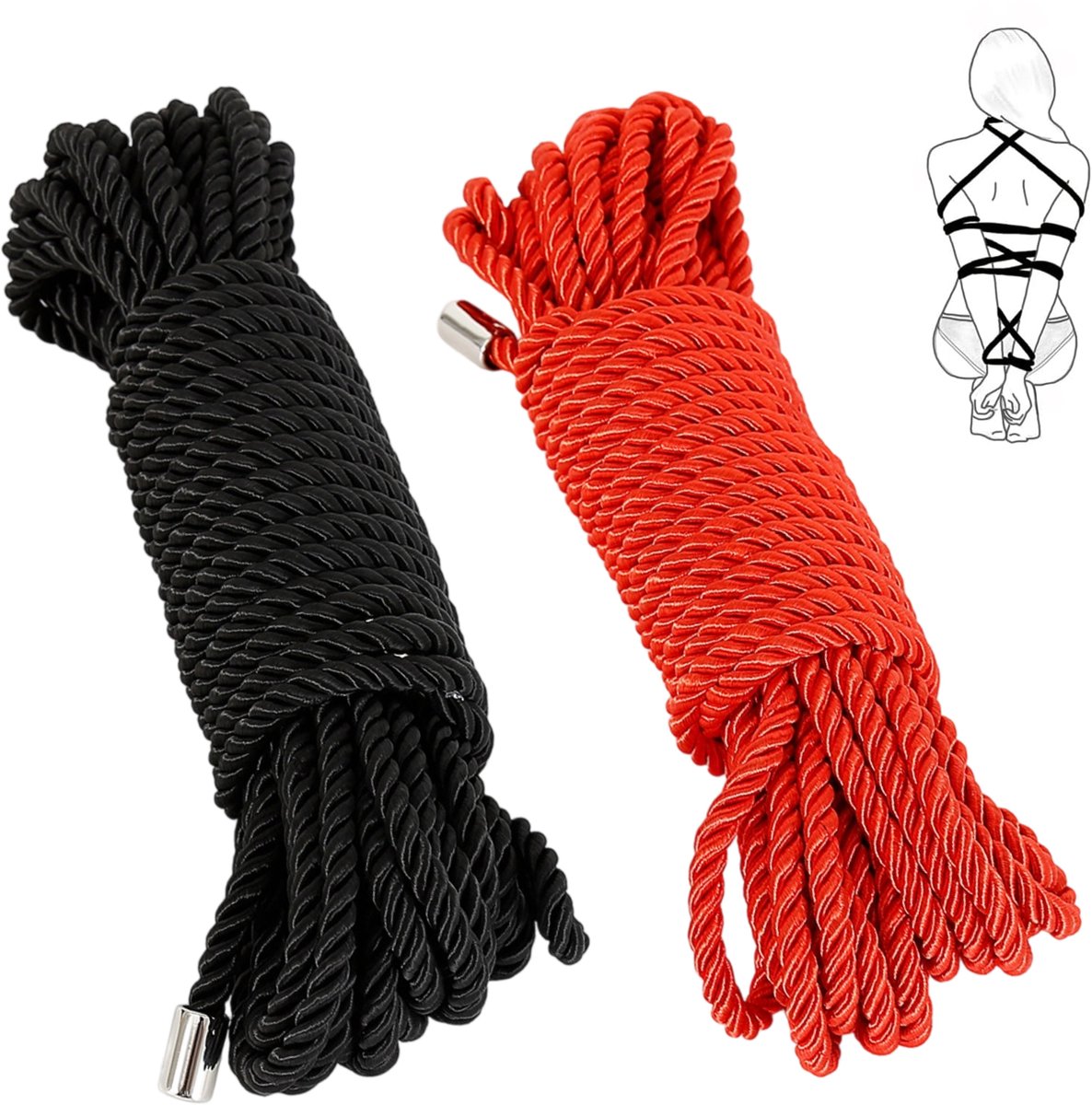 longziming Bondagetouw Set – 2x 10 Meter – Rood en Zwart – Bevestigingsset – Erotisch Vastbinden – Voor Partner, Boeien en Sensueel Spel