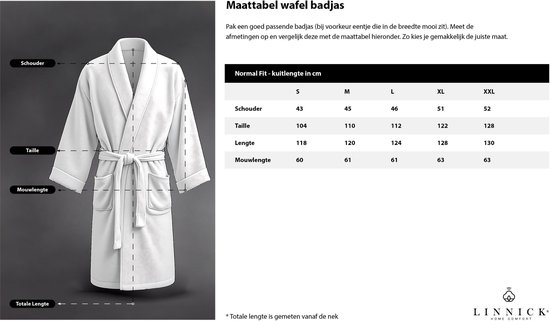 Maattabel voor een olijfgroene wafel badjas met afmetingen voor schouder, taille en mouwlengte.