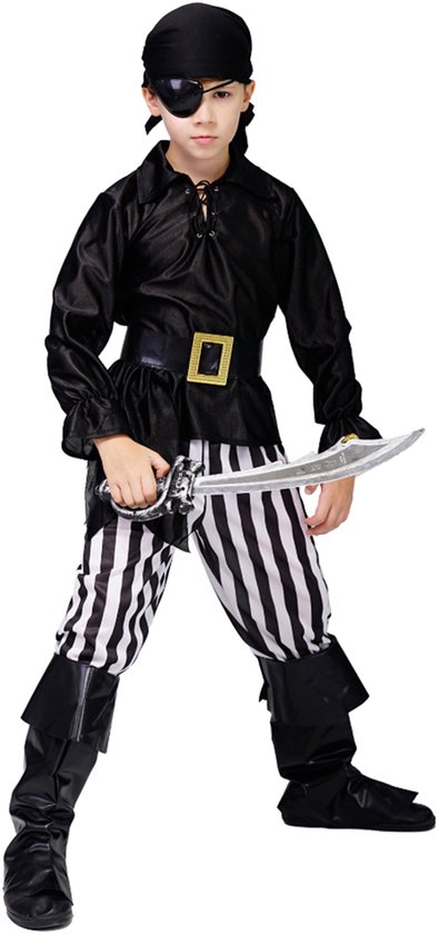 Kostuum Piraat Jongen Zwart-Wit – 7-9 Jaar – Inclusief Shirt, Broek, Bandana, Riem, Laarzenhoezen & Ooglapje – Carnaval & Halloween Verkleedkleding