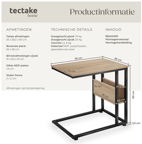 tectake® C-vormige bijzettafel in industrieel design, 30 x 40 x 63 cm, salontafel voor koffie, laptop, bank, bed, woonkamer, slaapkamer, zwart metalen frame (industrieel donkerbruin