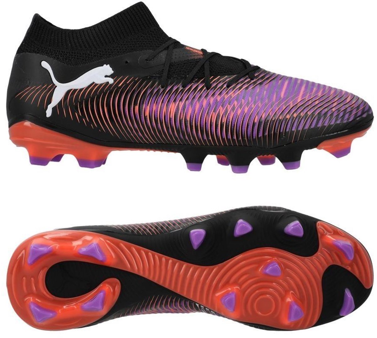 PUMA Future 8 Pro FG/AG voetbalschoenen in Puma Black, Puma White en Glowing Red met een dynamisch ontwerp en stevige zool.