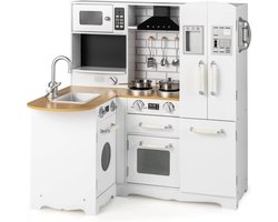 COSTWAY Kinderkeuken met accessoires, hoekspeelkeuken, hout, incl. koelkast, waterkraan, gootsteen, fornuis, telefoon, hoekkeuken, speelgoedkeuken voor kinderen vanaf 3 jaar