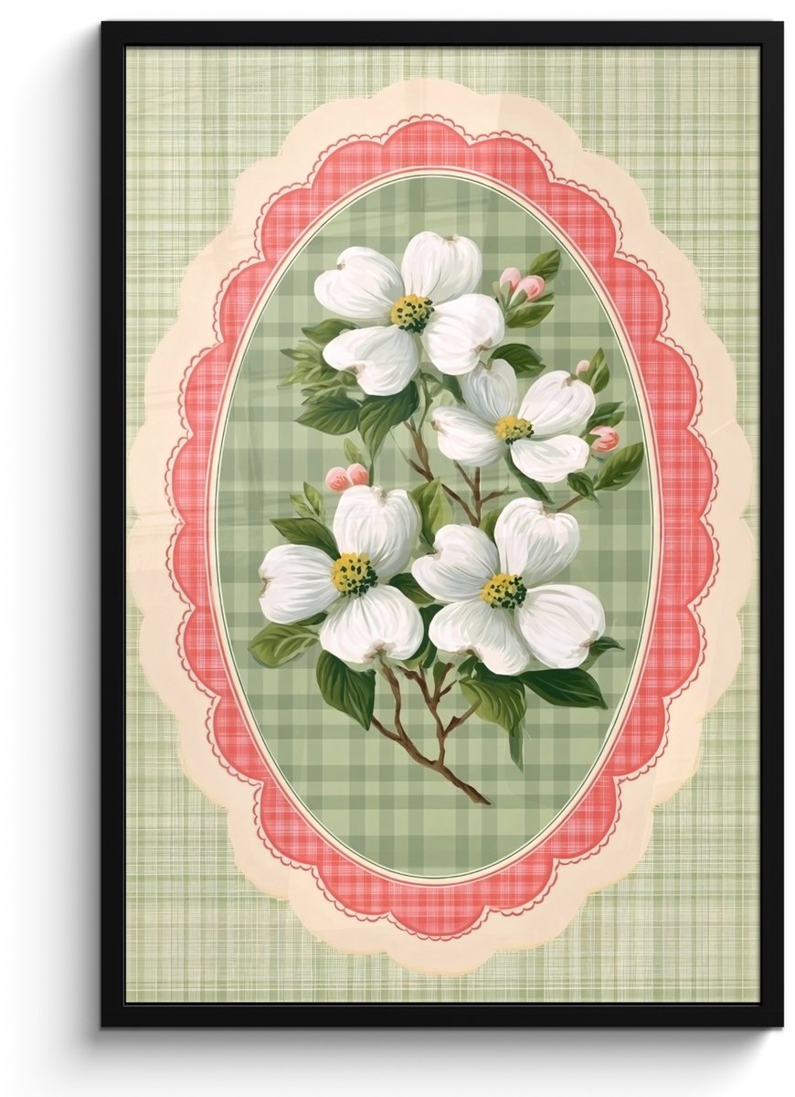 FrameYourWall Poster in lijst - Fotolijst 60x90 cm - Posters - Bloemen - Illustratie - Geruit - Groen - Posterlijst zwart - Decoratie - Wanddecoratie woonkamer - Muurdecoratie slaapkamer