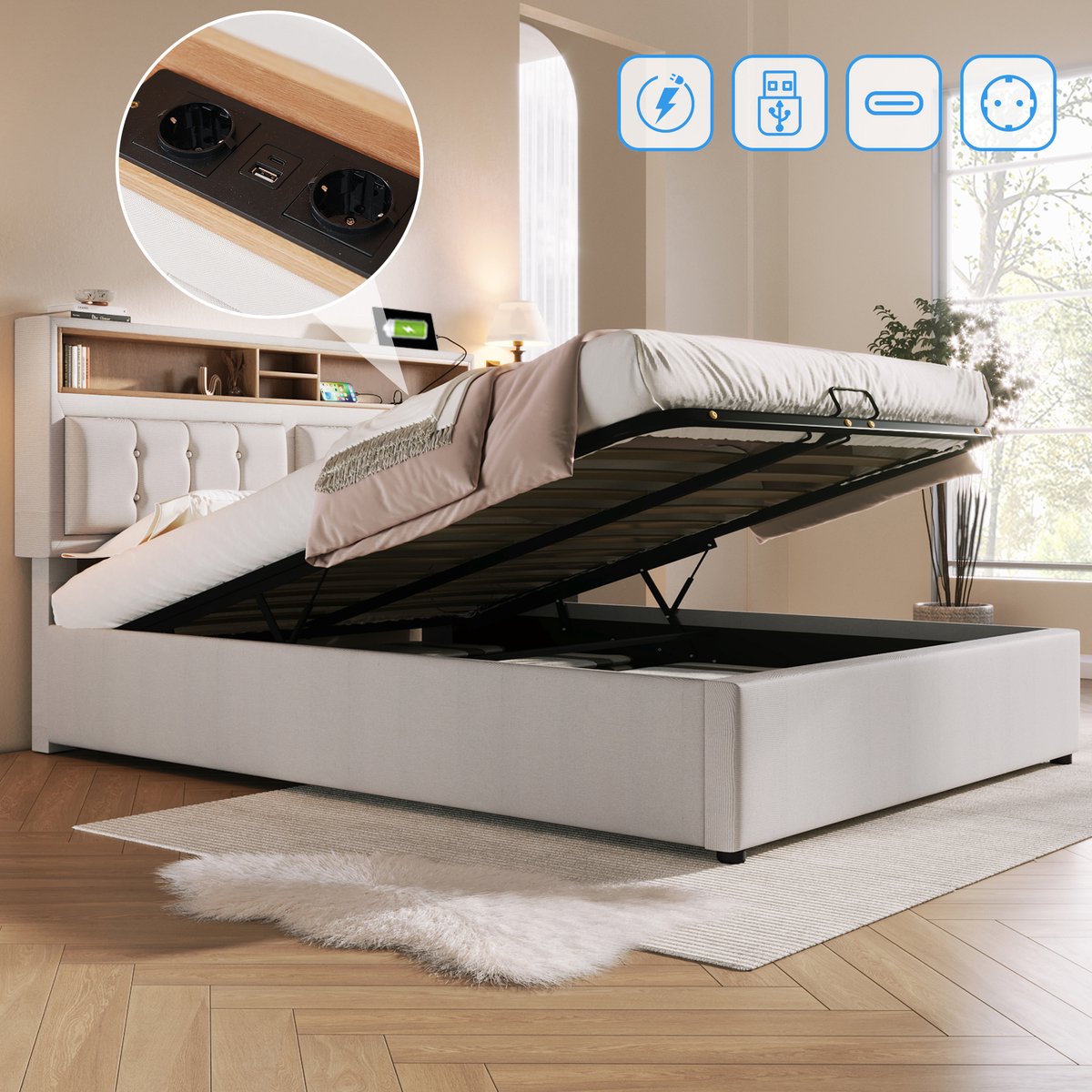 Polsterbed - 140x200 - USB-C-stopcontact met oplaadfunctie - Opbergbed - Bedframe van linnenmateriaal