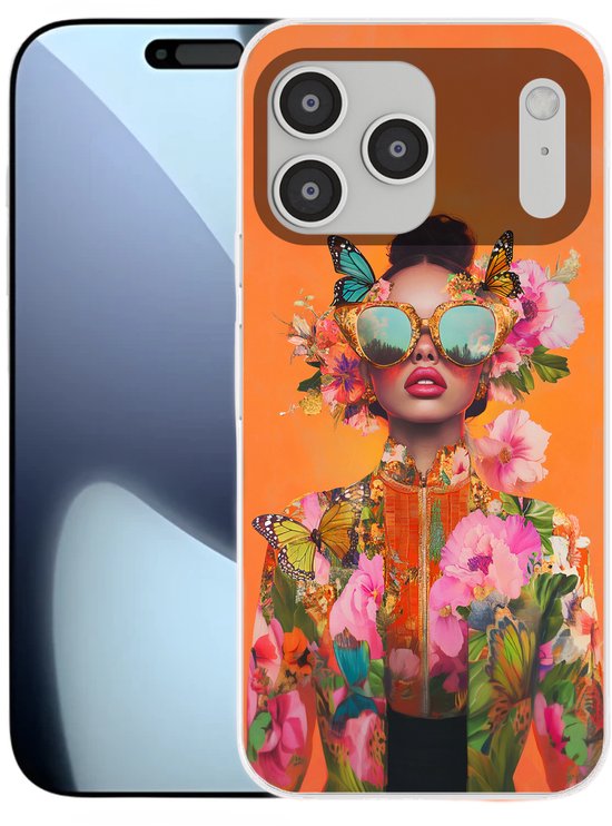 Coque de téléphone avec imprimé femme, lunettes de soleil, fleurs et papillons, à côté d'un iPhone réfléchissant.