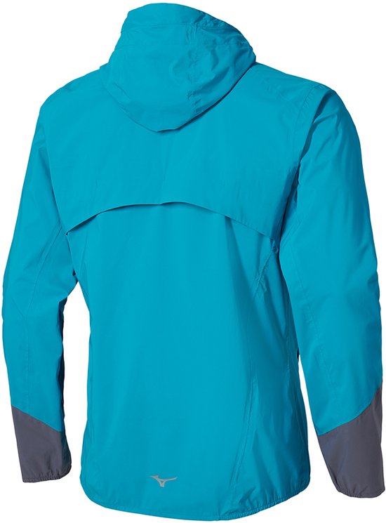 Blauwe Mizuno jas met capuchon, donkergrijs op de onderarmen en achterkant.