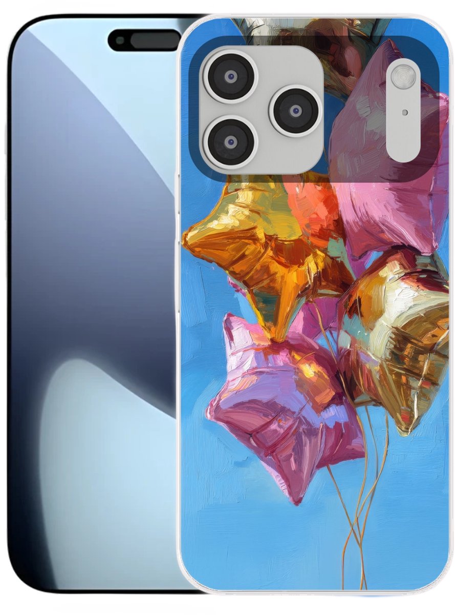 Telefoonhoesje Geschikt voor iPhone 17 Pro Max hoesje - Ballonnen - Goud - Stervorm - Roze - Siliconen Telefoonhoesje Telefoonhoesje