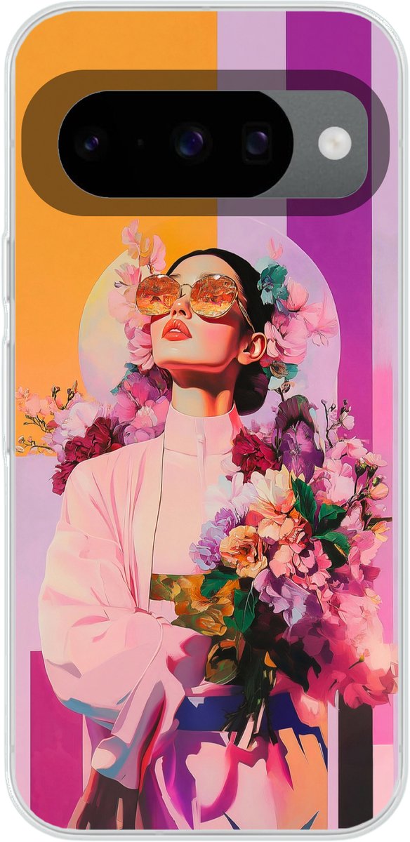 Telefoonhoesje Geschikt voor Google Pixel 10 Pro hoesje - Portret - Vrouw - Abstract - Bloemen - Siliconen Telefoonhoesje Telefoonhoesje