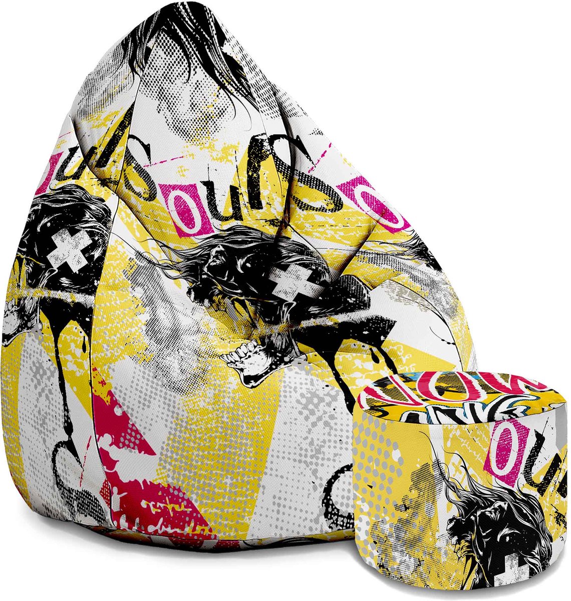 DreamRoots Velvet Zitzak voor Volwassenen – Luxe Beanbag met Voetsteun en Afneembare Hoes – Inclusief Vulling – 80x80x120 cm - Screaming Faces