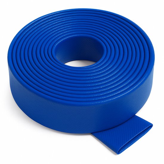 Opgerolde blauwe afvoerslang met een kleine opening aan de zijkant.