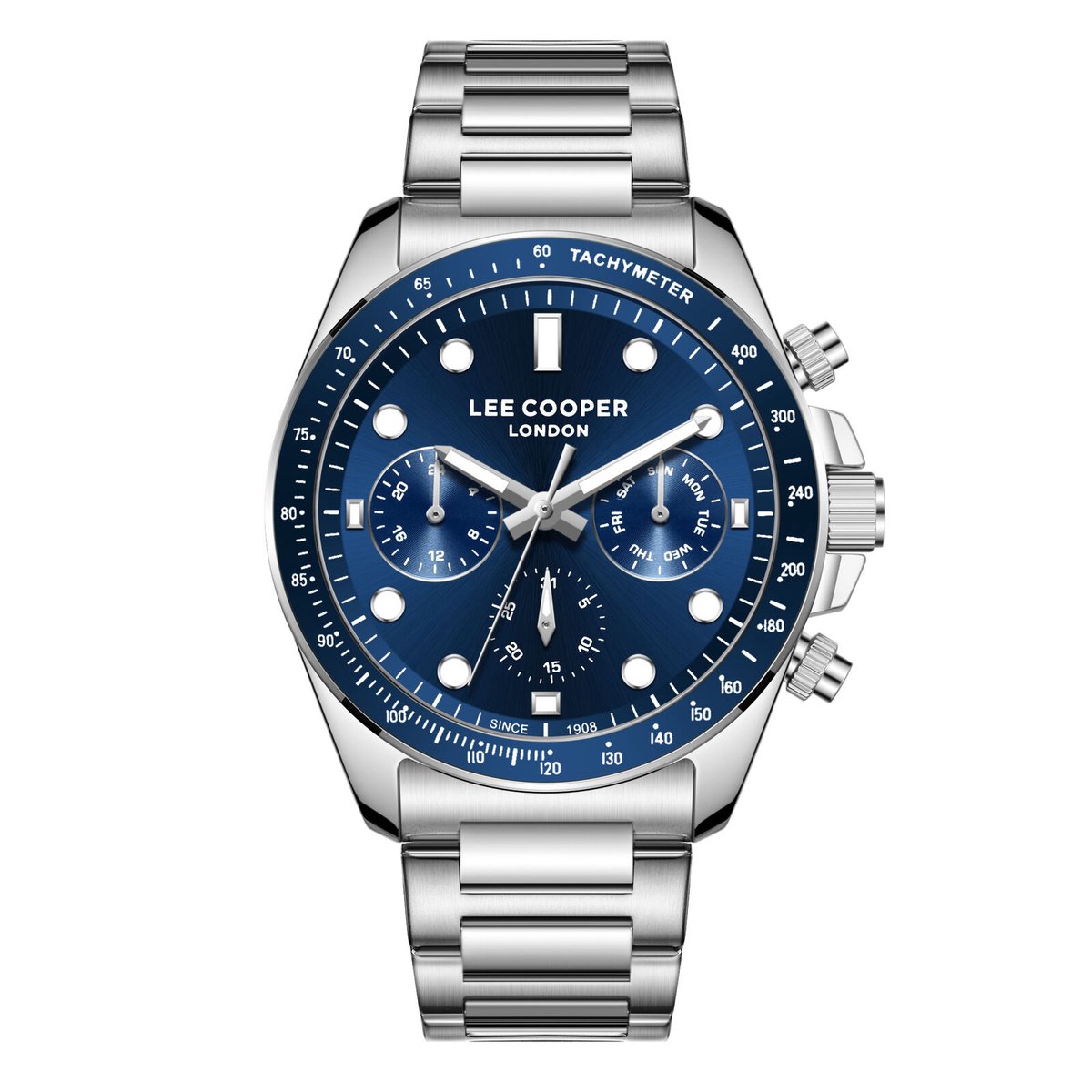 Lee Cooper LC08215.390 - Horloge - Polshorloge - Analoog - Heren - Mannen - Stalen band - Metaal - Rond - Strepen - Bolletjes - Cijfers - Kalender - Dagaanduiding - Dual time - 12-24 - Tachymeter - Zilverkleurig - Donkerblauw - Wit