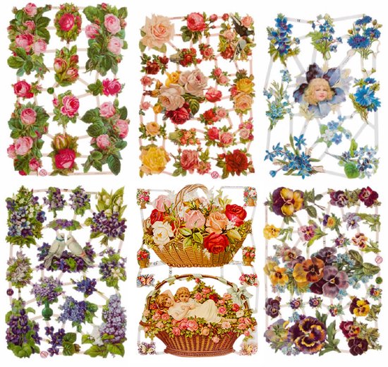 Zes vellen met bloemenafbeeldingen: roze rozen, gemengde rozen, blauwe bloemen met kindergezicht, paarse bloemen met duiven, rozen in trosjes, en viooltjes.