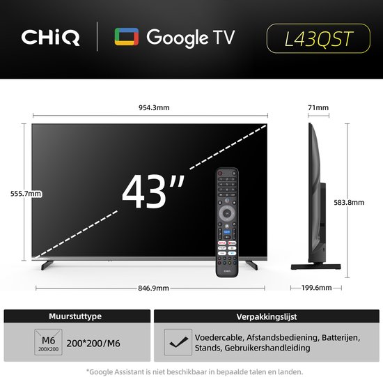 Afmetingen en specificaties van een 43-inch CHiQ Google TV. "L43QST".