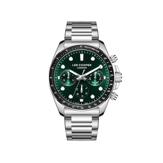 Zilverkleurig herenhorloge met donkergroene wijzerplaat, tachymeter en drie subdials.