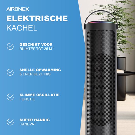 Aironex Elektrische Kachel 2000 Watt - Keramische Zwarte Kachelventilator - Electrische Kachel - Verwarming Elektrisch - Heater - Ventilatorkachel met afstandsbediening en timerfunctie - Krachtige Keramische Kachel