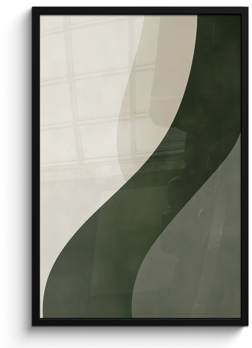 FrameYourWall Poster in lijst - Fotolijst 60x90 cm - Posters - Japandi - Groen - Abstract - Modern - Posterlijst zwart - Decoratie - Wanddecoratie woonkamer - Muurdecoratie slaapkamer Lijn